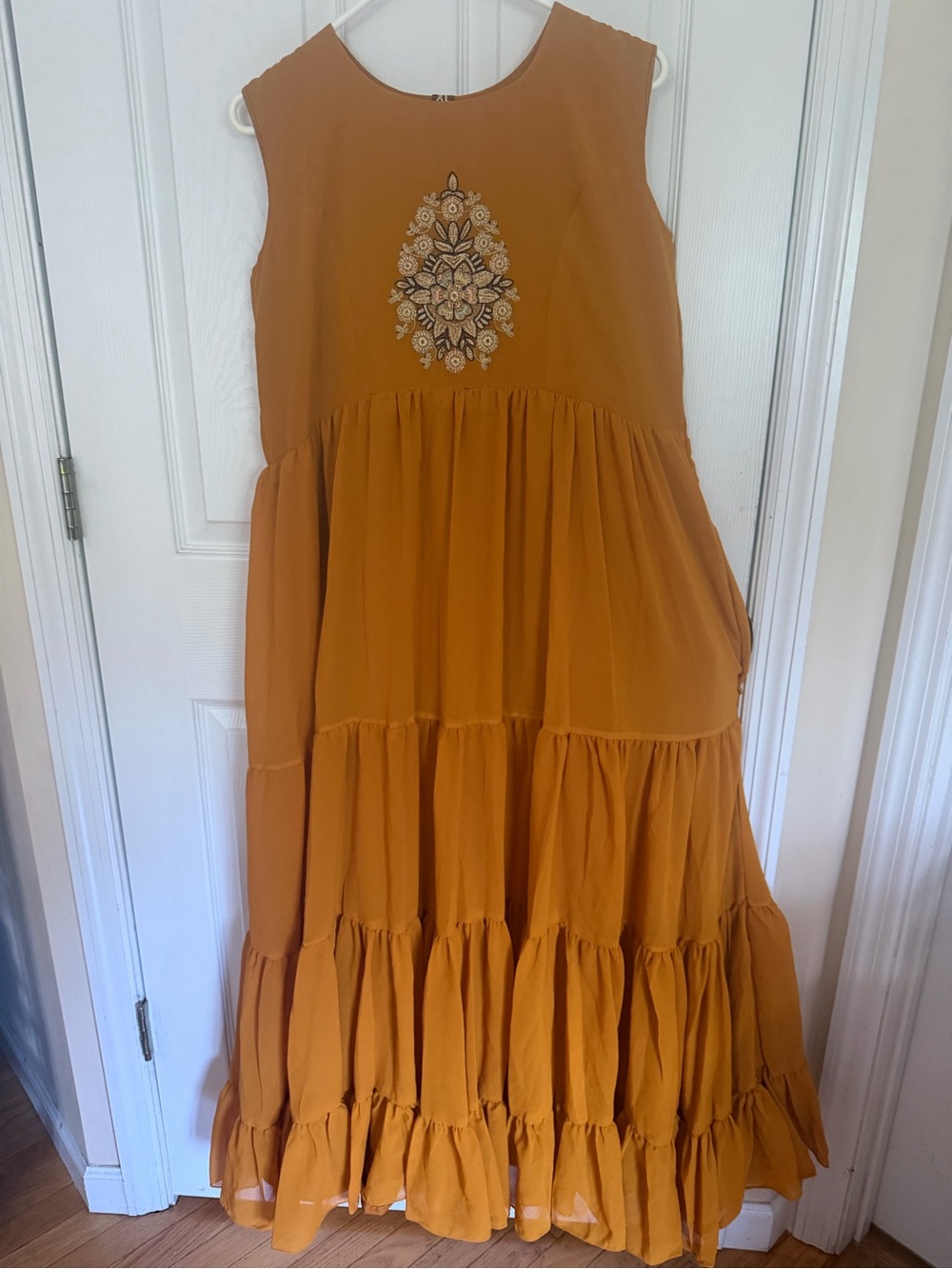 Womens Mustard Tiered Embroidered Maxi Dress
